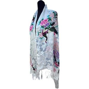 Silk Peacock Lotus Floral Shawl 64x20 100% Silk Fringe Wrap Kimono Style Scarf